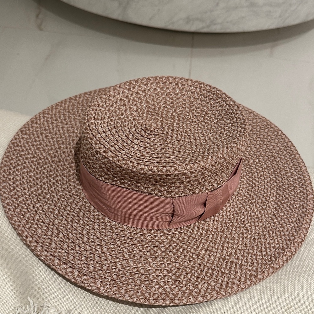 Eric Javits Tan Woven Hat with Pink Band